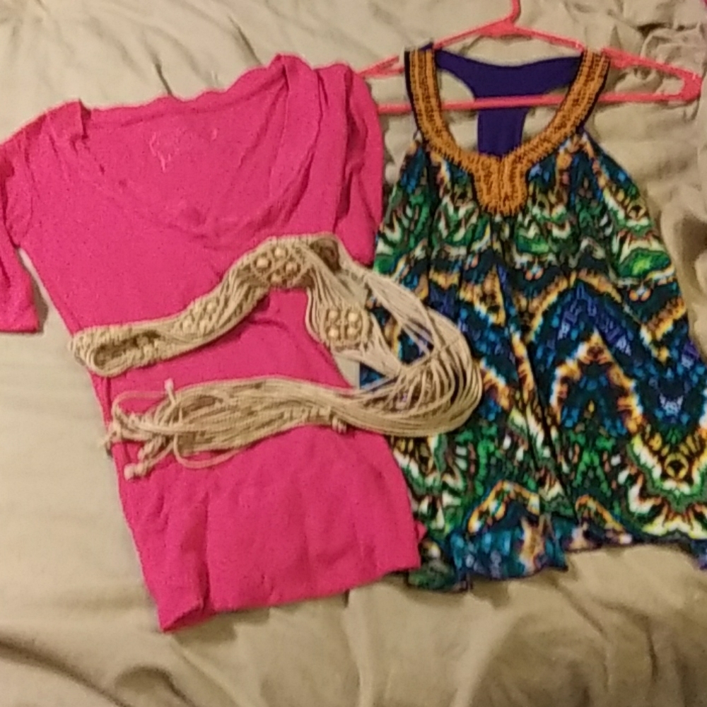 Trios. Shirt,sweater, and crochet belt.